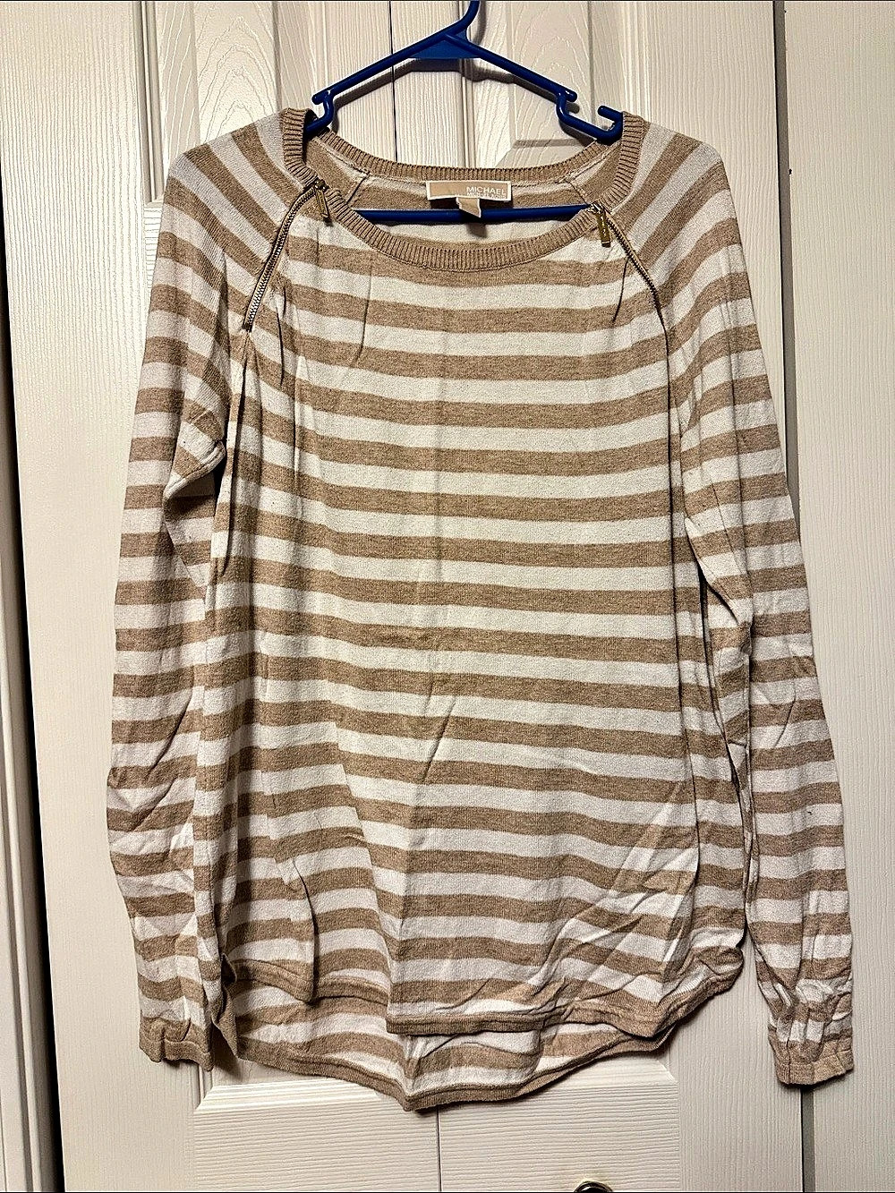 Michael Kors Striped Crew Neck Sweater in Brown & White Large